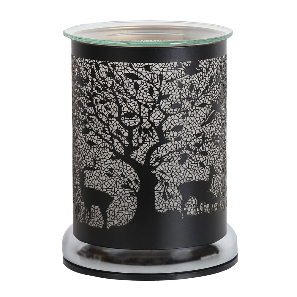 Metal touch control wax melter with glass dish and stag and tree cut out unlit