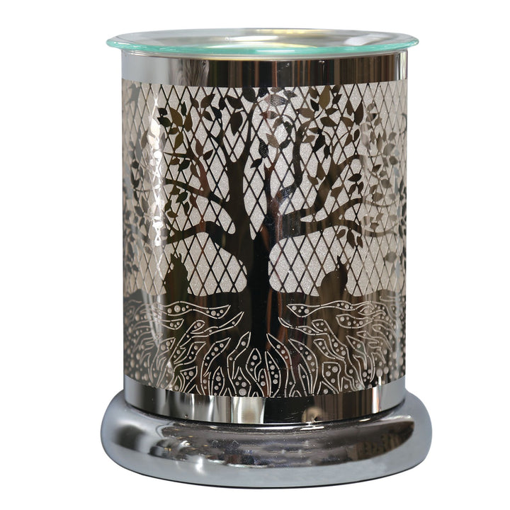 Metal touch control wax melter with glass dish and rabbit and tree cut out lit