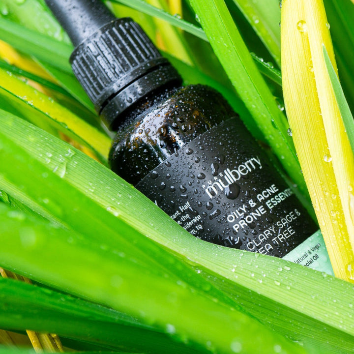 Face oil bottle with steam droplets nestled on green leaves