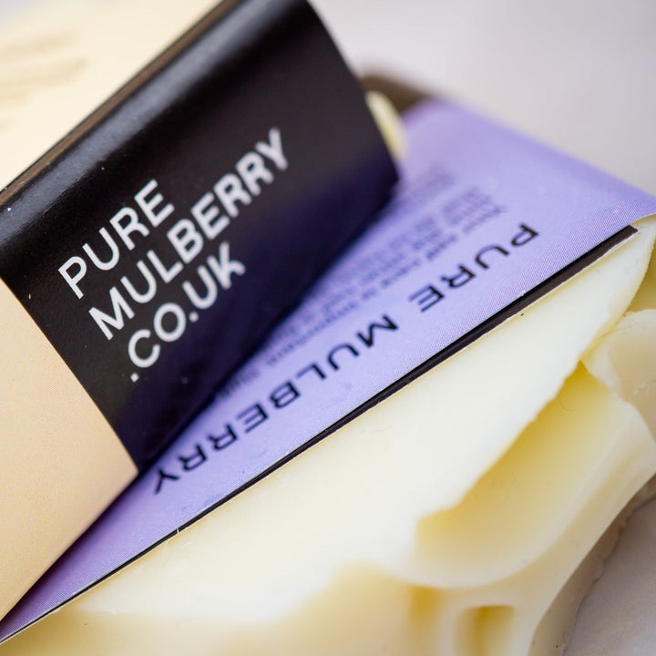 two bars of soap close up showing pure mulberry 