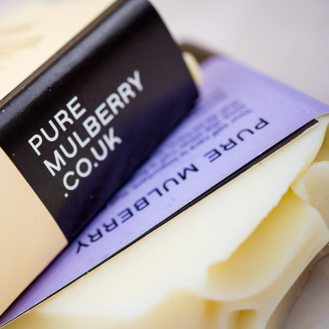 Close up of two soaps showing pure mulberry label