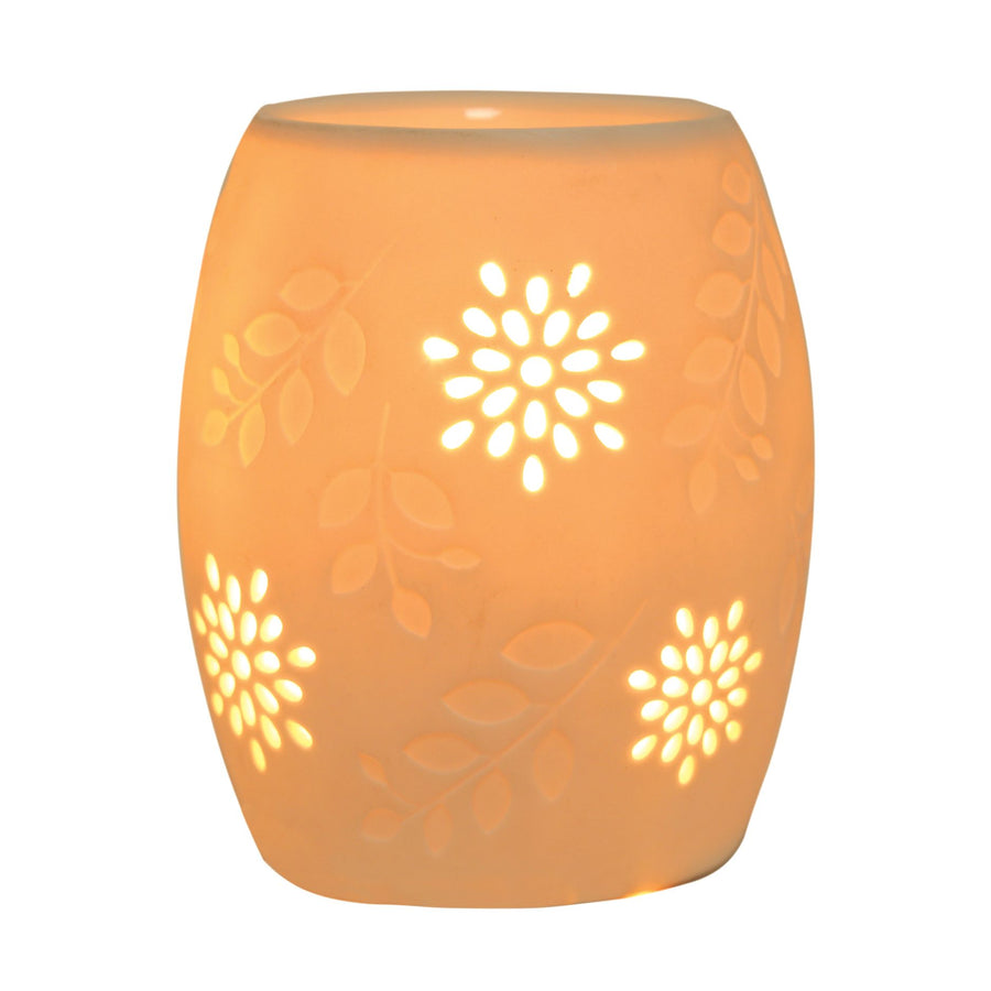 Lit up ceramic wax melter with flowers and leaves