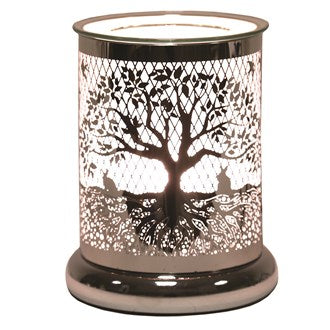 Metal touch control wax melter with glass dish and rabbit and tree cut out lit